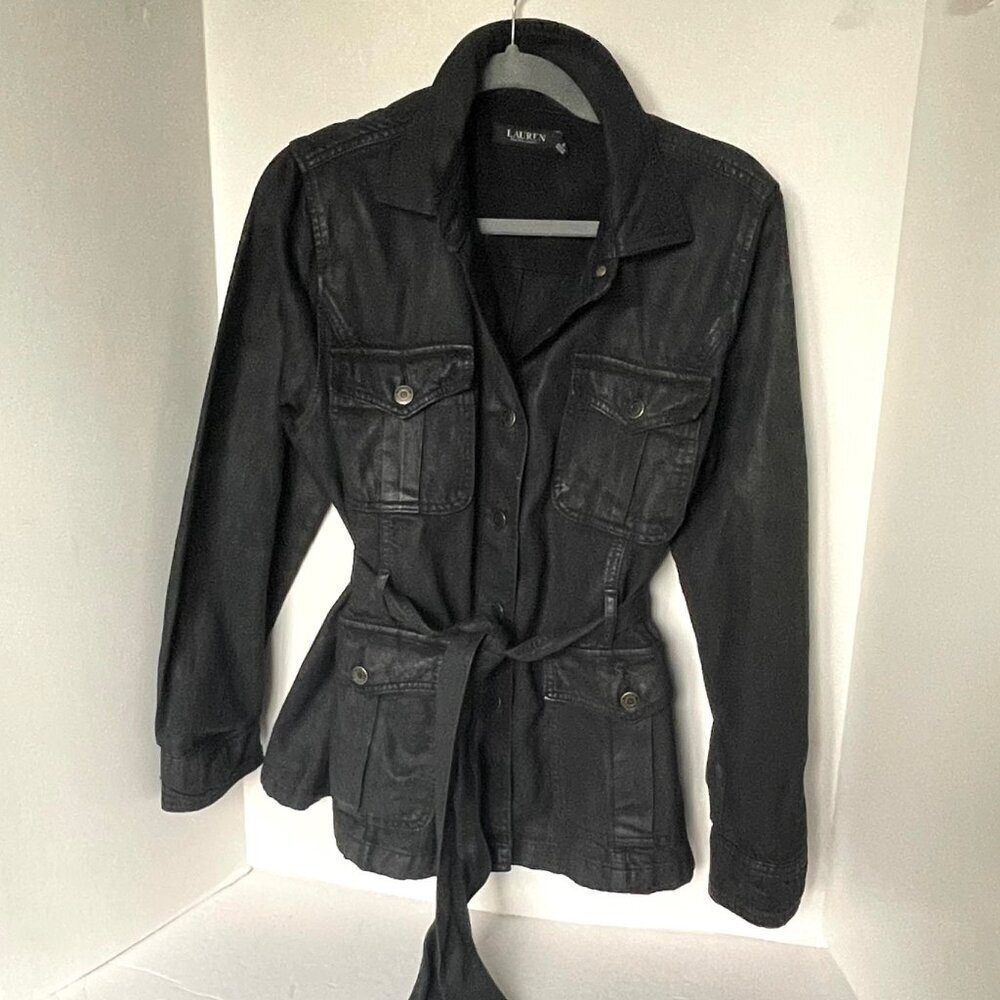 Ralph Lauren Utility Jacket Womens Black 14 Coated Denim Trucker Belted Field - Picture 3 of 10